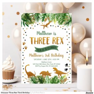 Dinosaur Three Rex Third Birthday Invitation