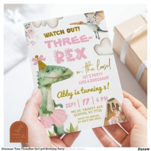Dinosaur Tutu ThreeRex Girl 3rd Birthday Party Invitation