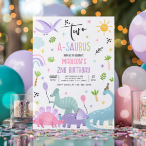 Dinosaur Two-A-Saurs Pink T-Rex 2nd Birthday Party Invitation