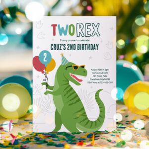 Dinosaur Two Rex 2nd Birthday Party T-Rex Invitation