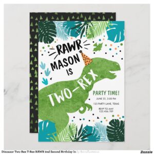 Dinosaur Two-Rex T-Rex RAWR 2nd Second Birthday In Invitation