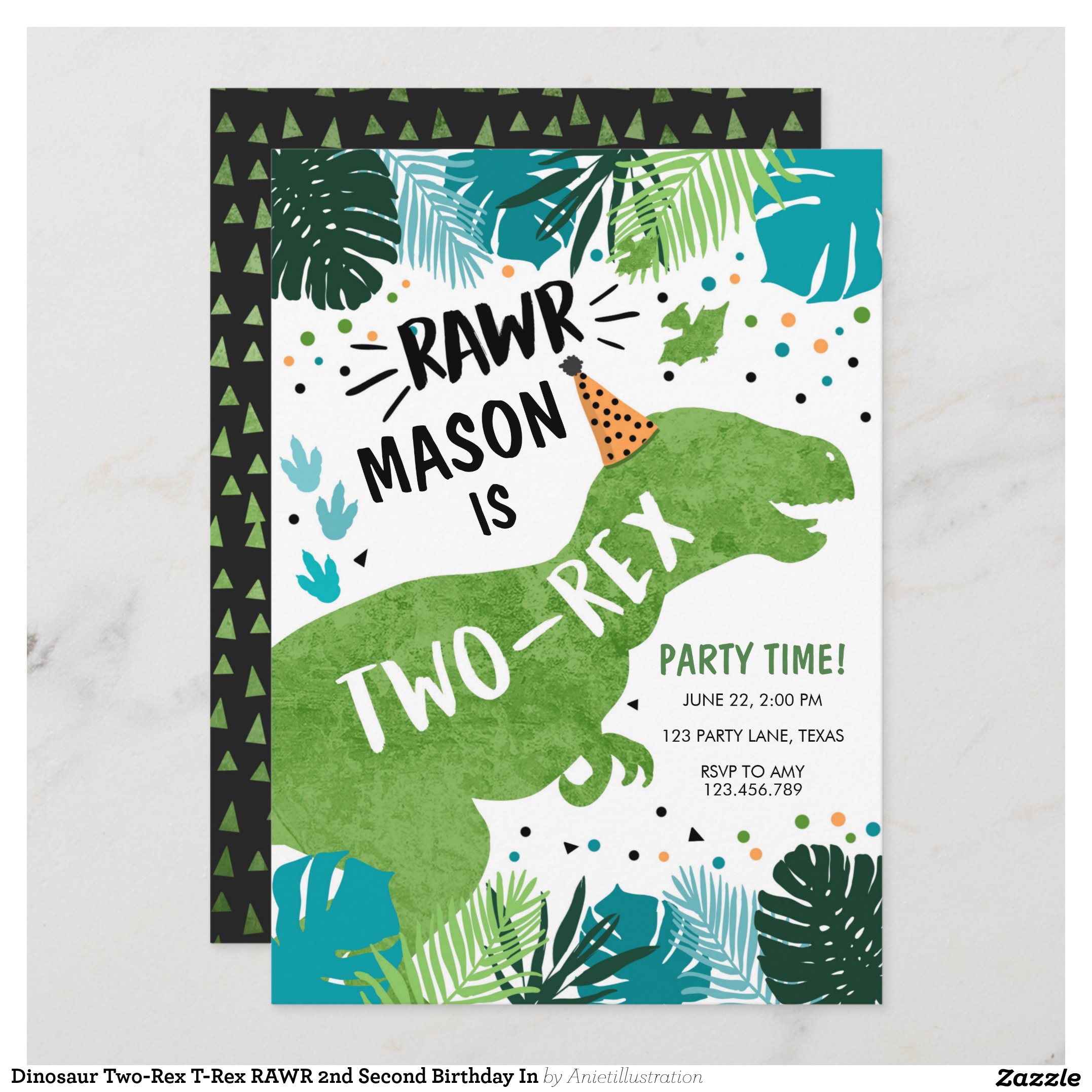 Dinosaur Two-Rex T-Rex RAWR 2nd Second Birthday In Invitation