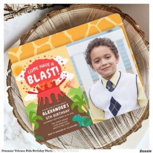 Dinosaur Volcano Kids Birthday Photo Invitation