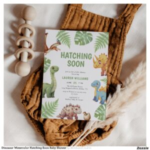 Dinosaur Watercolor Hatching Soon Baby Shower Invitation
