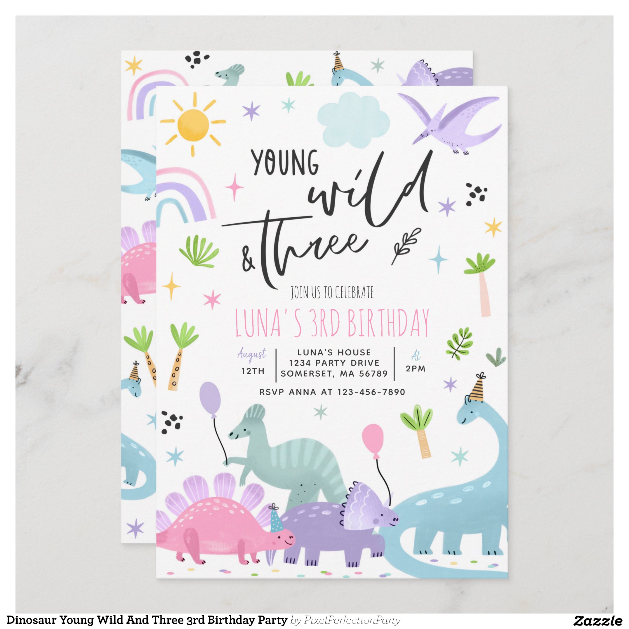 Dinosaur Young Wild And Three 3rd Birthday Party Invitation