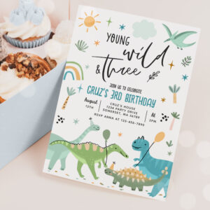Dinosaur Young Wild And Three 3rd Birthday Party Invitation
