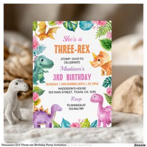 Dinosaurs Girl Three-rex Birthday Party Invitation