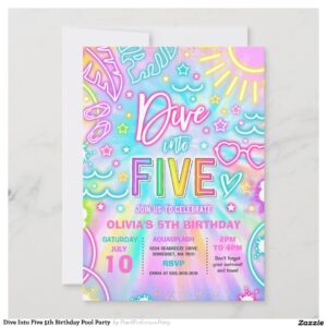 Dive Into Five 5th Birthday Pool Party Invitation