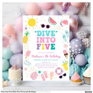 Dive into Five Boho Pool Party 5th Birthday Invitation
