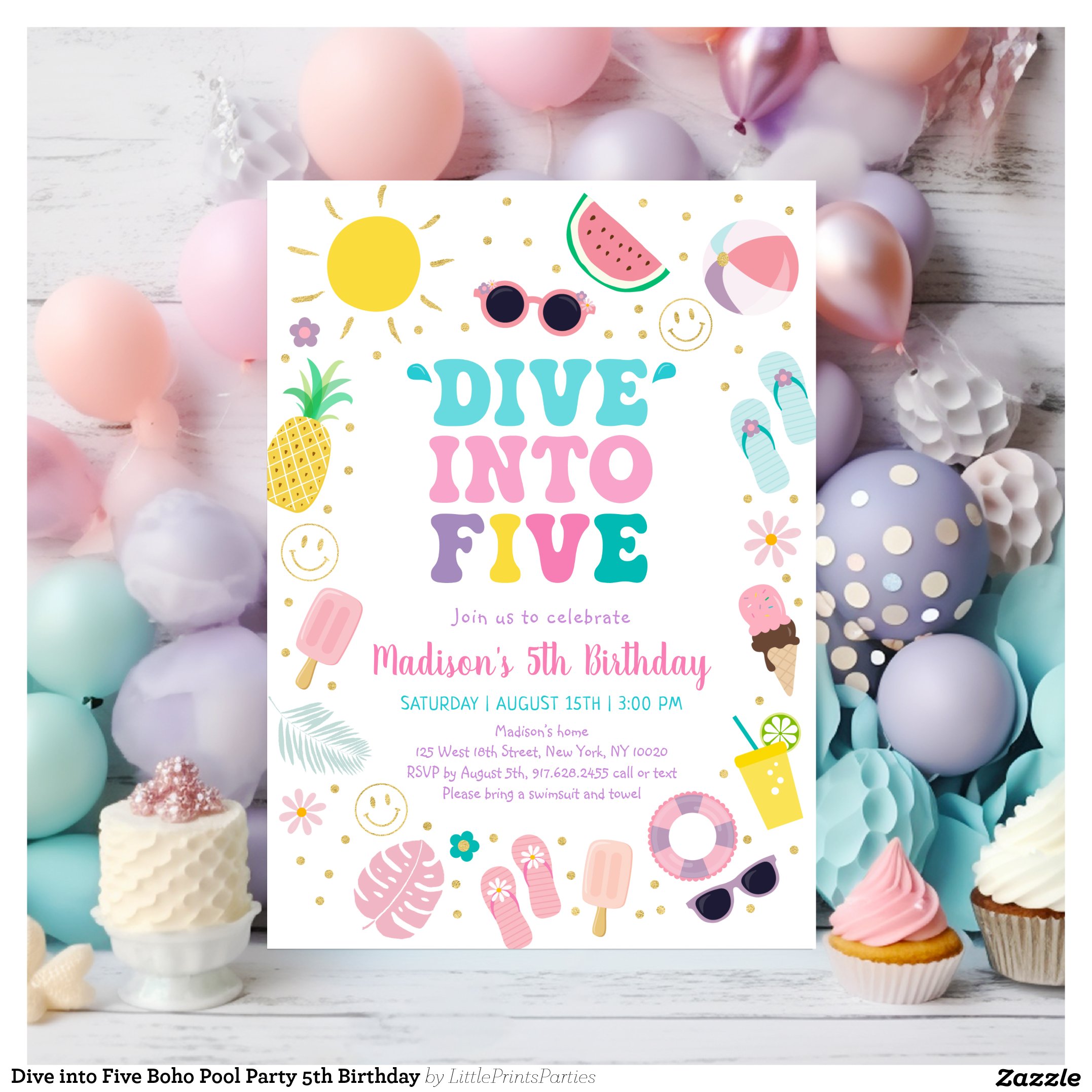 Dive into Five Boho Pool Party 5th Birthday Invitation