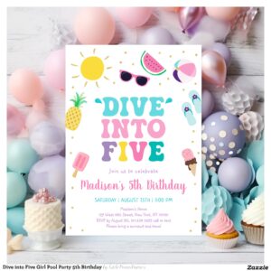 Dive into Five Girl Pool Party 5th Birthday Invitation