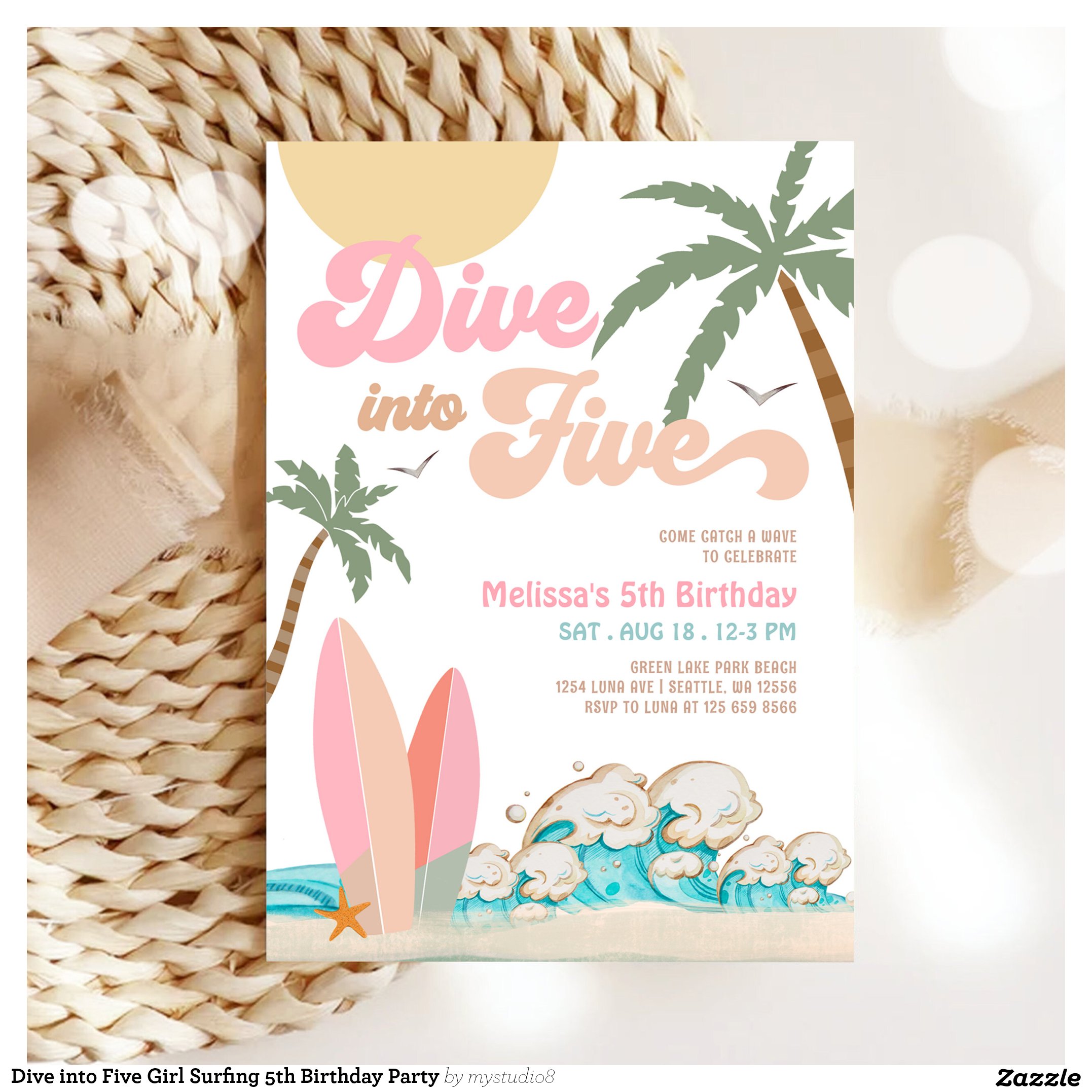 Dive into Five Girl Surfing 5th Birthday Party Invitation
