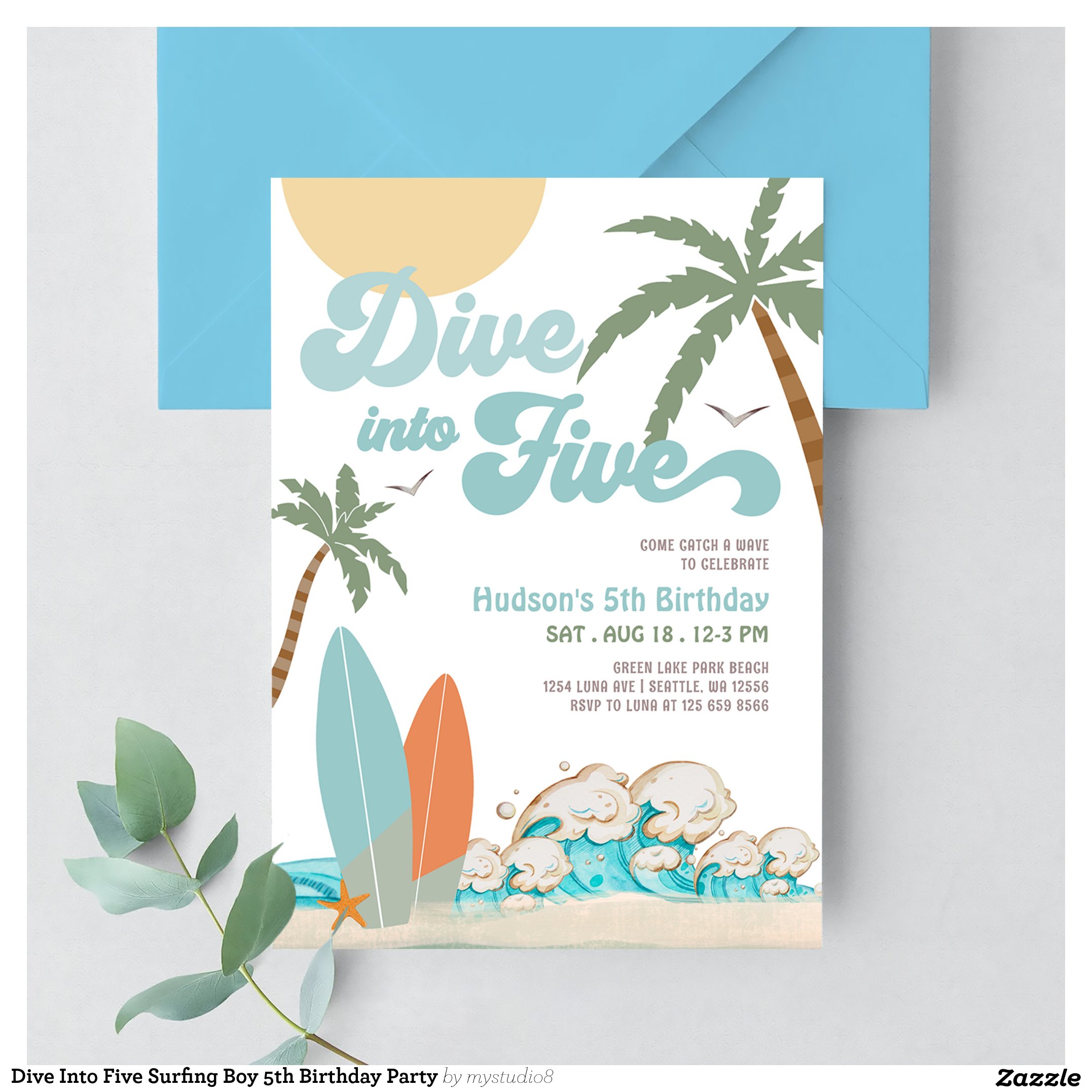 Dive Into Five Surfing Boy 5th Birthday Party Invitation