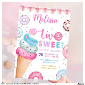 Donut Ice Cream Two Sweet 2nd Birthday Invitation
