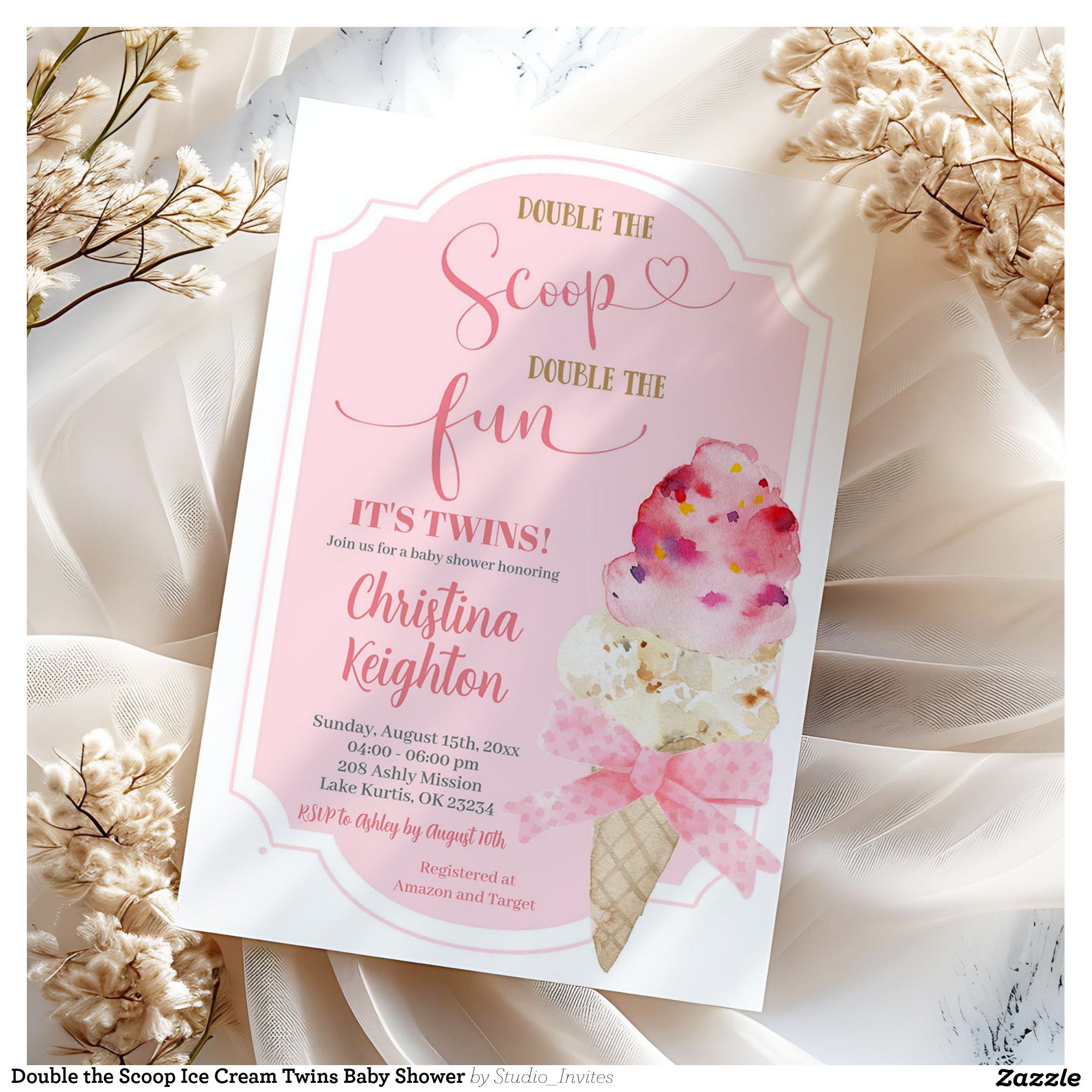 Double the Scoop Ice Cream Twins Baby Shower Invitation