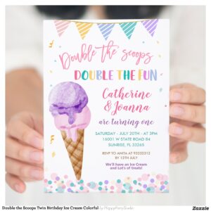 Double the Scoops Twin Birthday Ice Cream Colorful Invitation