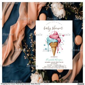 Dripping Ice Cream Pink Stripe Summer Baby Shower Invitation