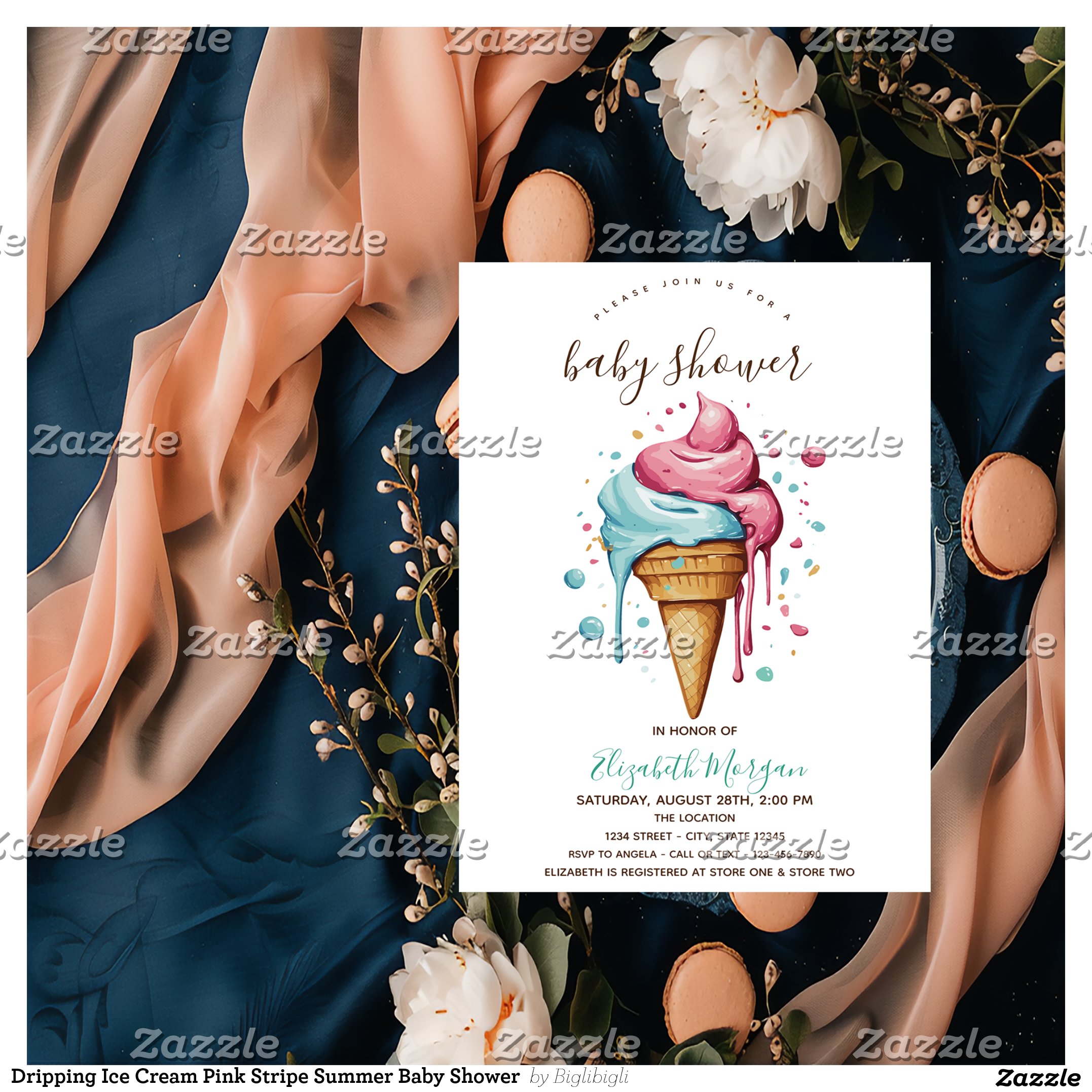 Dripping Ice Cream Pink Stripe Summer Baby Shower Invitation