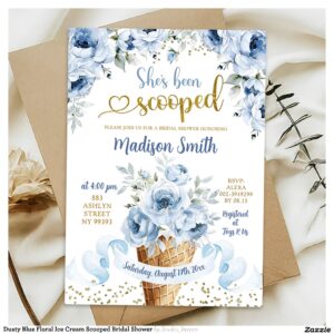 Dusty Blue Floral Ice Cream Scooped Bridal Shower Invitation