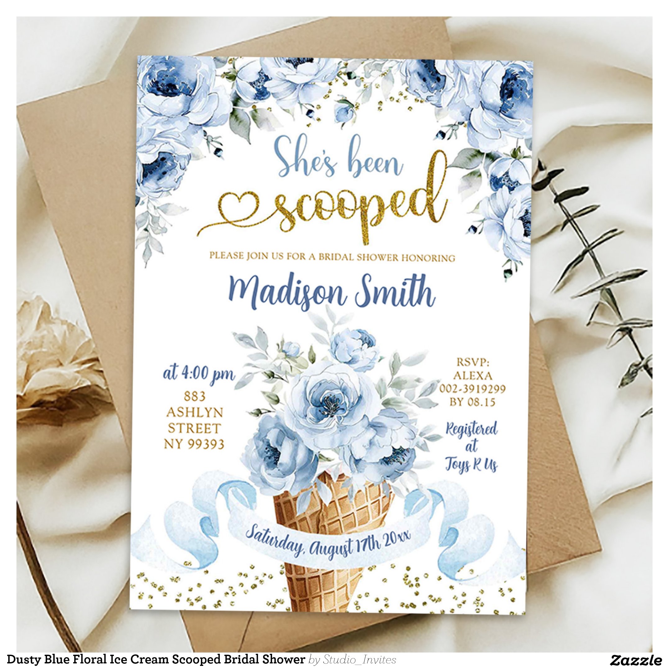 Dusty Blue Floral Ice Cream Scooped Bridal Shower Invitation