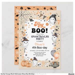 Earthy Orange Black Halloween Ghost Boy Birthday Invitation