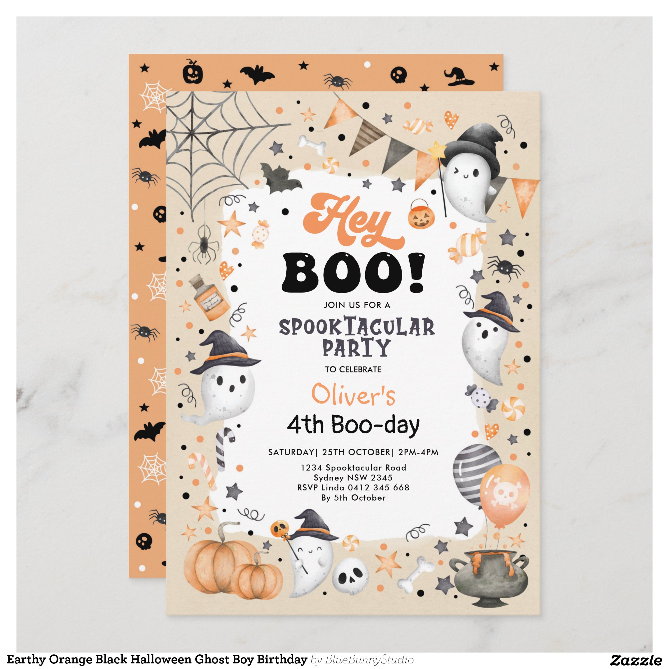 Earthy Orange Black Halloween Ghost Boy Birthday Invitation