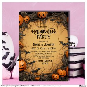 Eerie spooky vintage Jack-O-Lantern bat Halloween Invitation