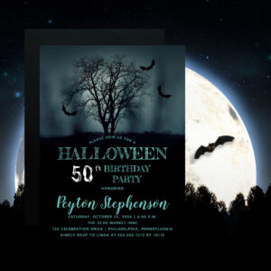 Eerie Tree Bats Halloween 50th Birthday Party Invitation