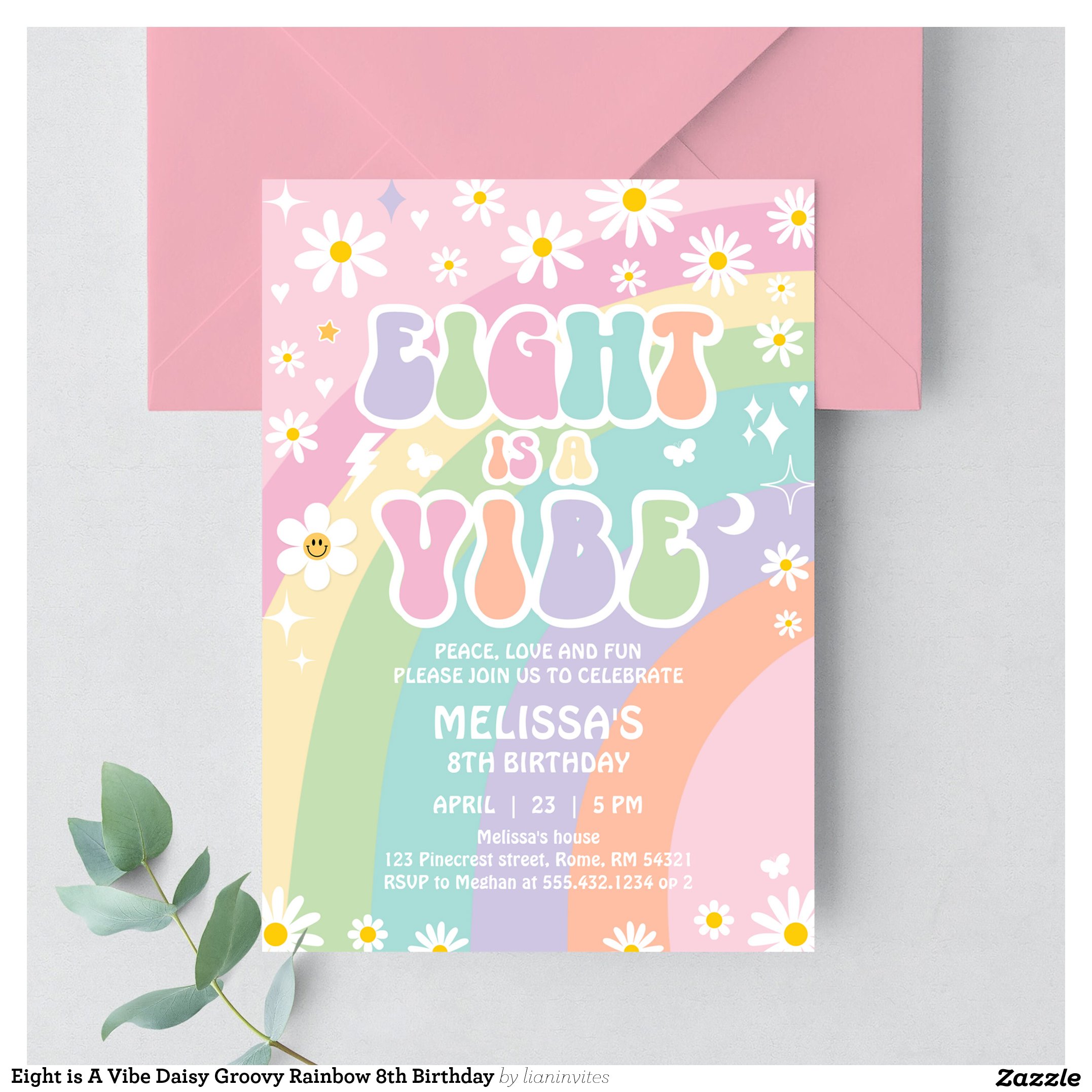 Eight is A Vibe Daisy Groovy Rainbow 8th Birthday Invitation