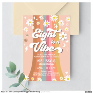 Eight is a Vibe Groovy Retro Hippie 8th Birthday Invitation