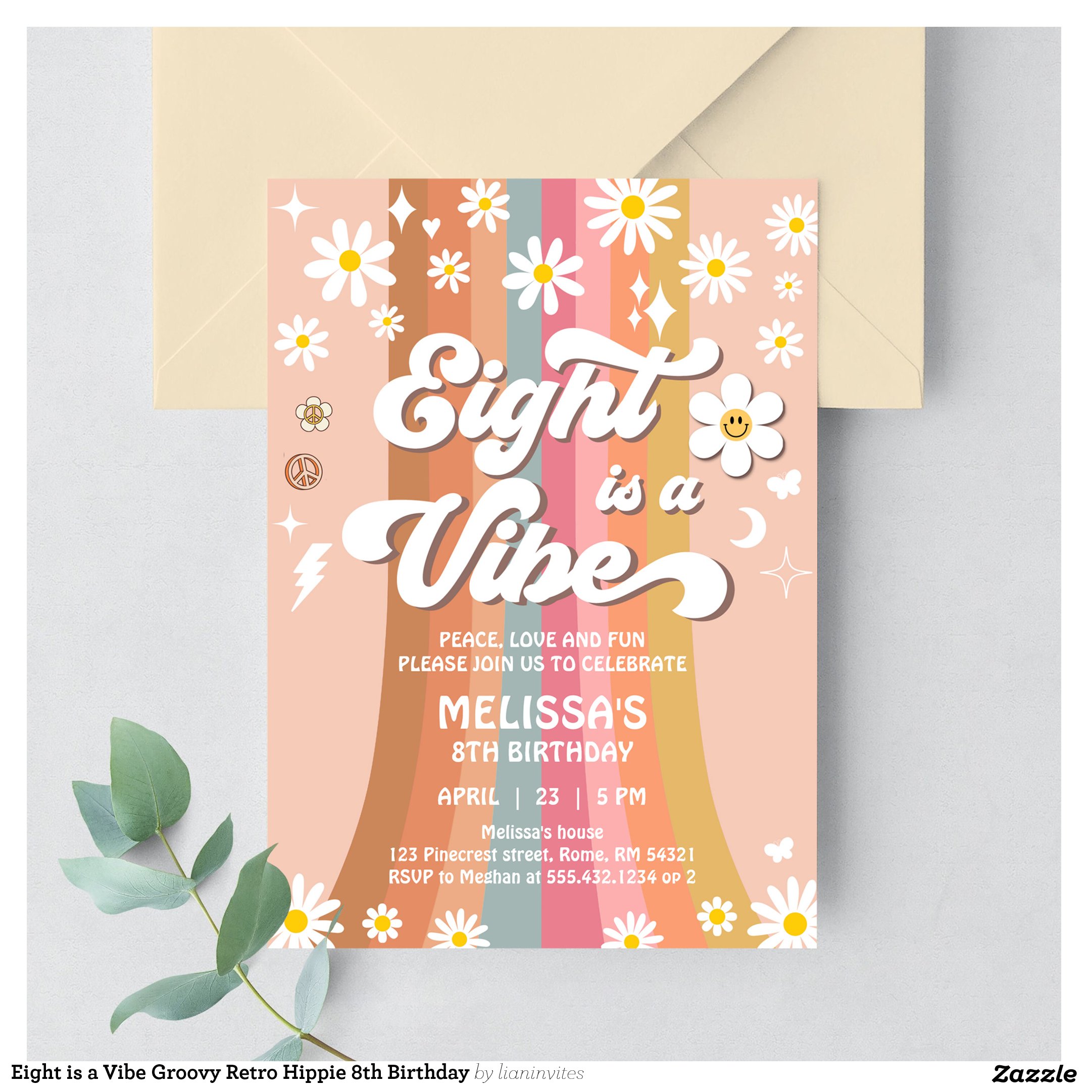 Eight is a Vibe Groovy Retro Hippie 8th Birthday Invitation
