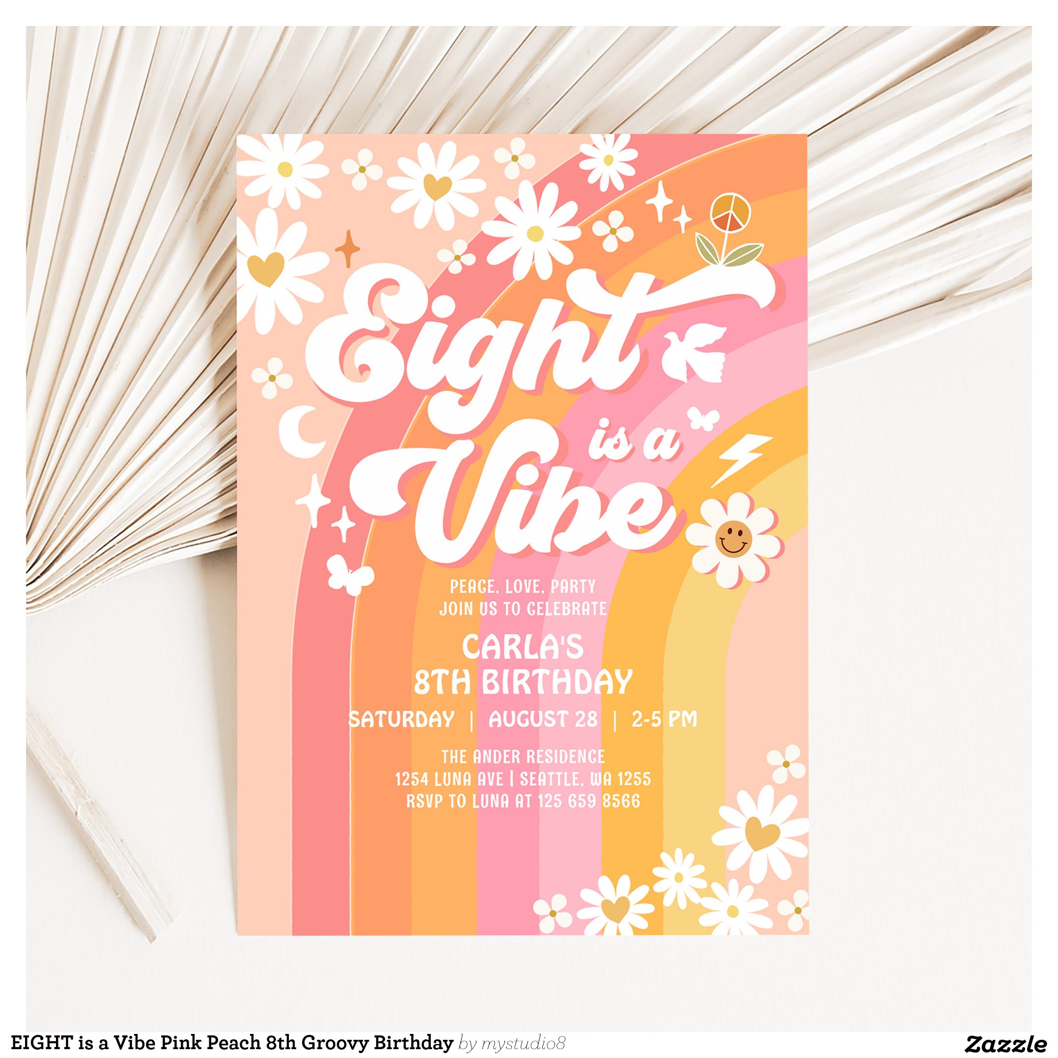 EIGHT is a Vibe Pink Peach 8th Groovy Birthday Invitation