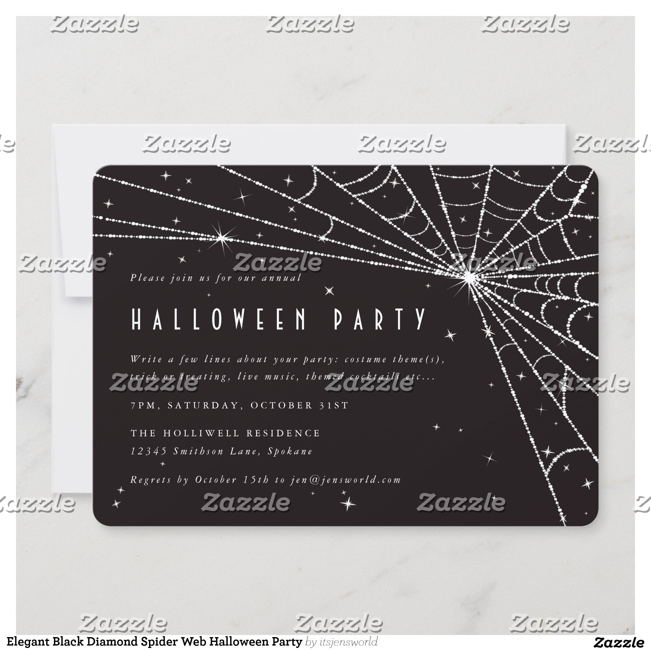 Elegant Black Diamond Spider Web Halloween Party Invitation