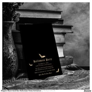 Elegant Black Gold Bat Halloween Party Invitation