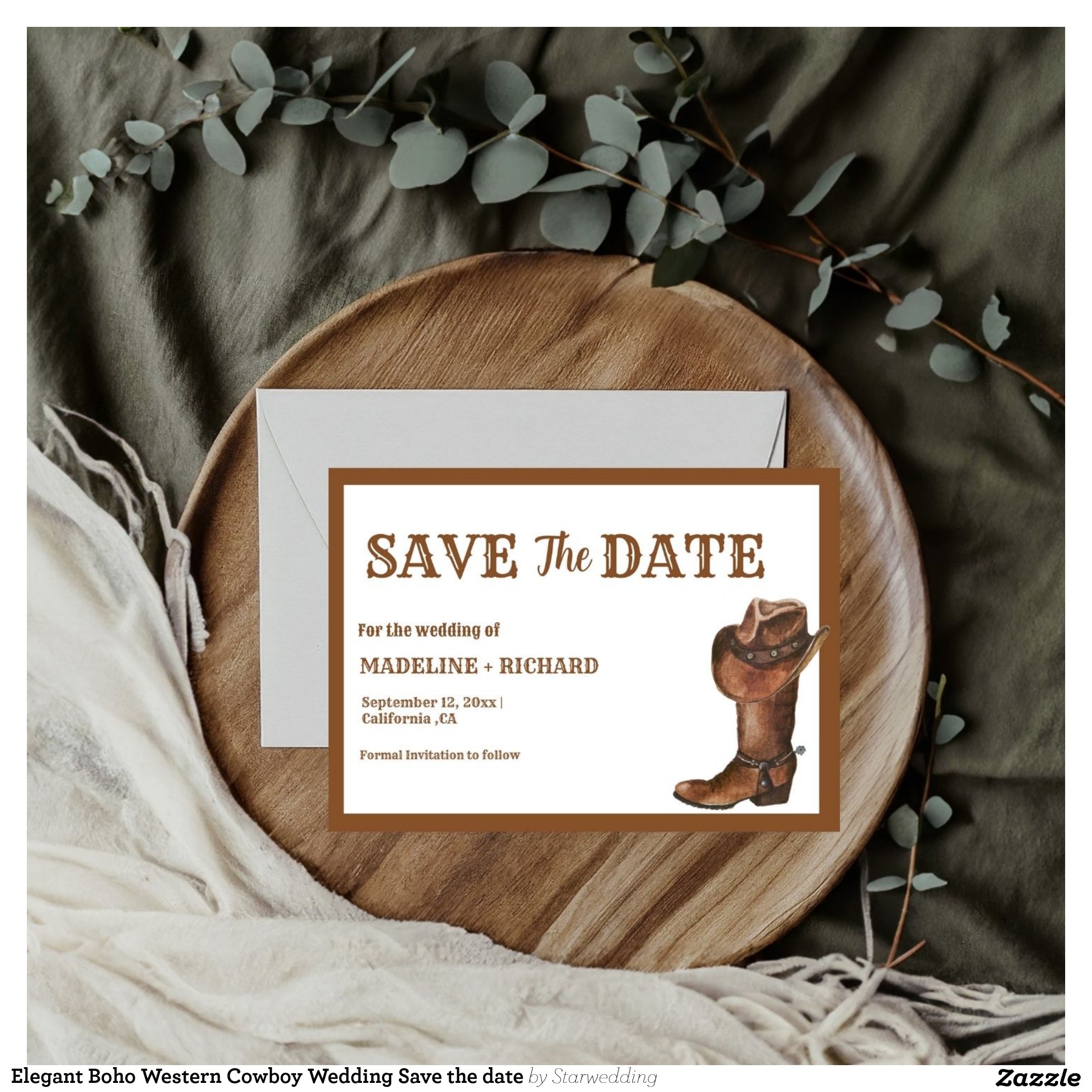 Elegant Boho Western Cowboy Wedding Save the date Invitation