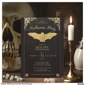 Elegant Halloween Gold Bat Black Vintage Invitation