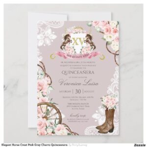 Elegant Horse Crest Pink Gray Charro Quinceanera Invitation