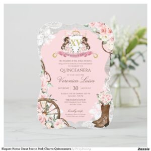 Elegant Horse Crest Rustic Pink Charro Quinceanera Invitation