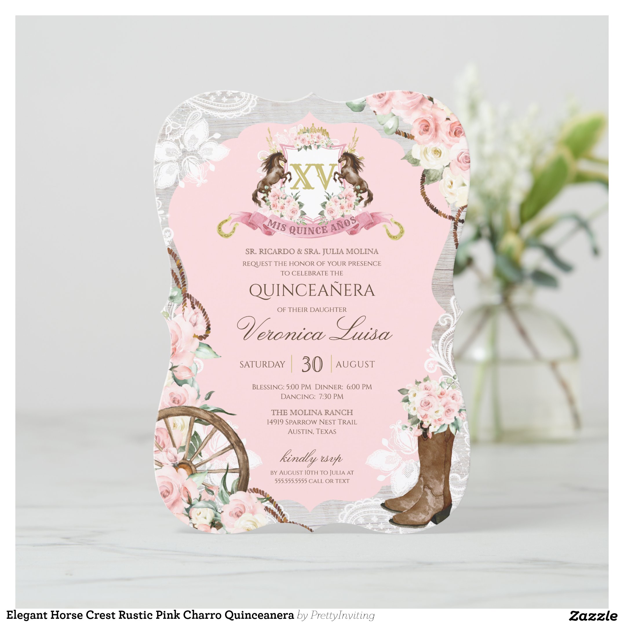 Elegant Horse Crest Rustic Pink Charro Quinceanera Invitation