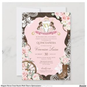 Elegant Horse Crest Rustic Pink Charro Quinceanera Invitation