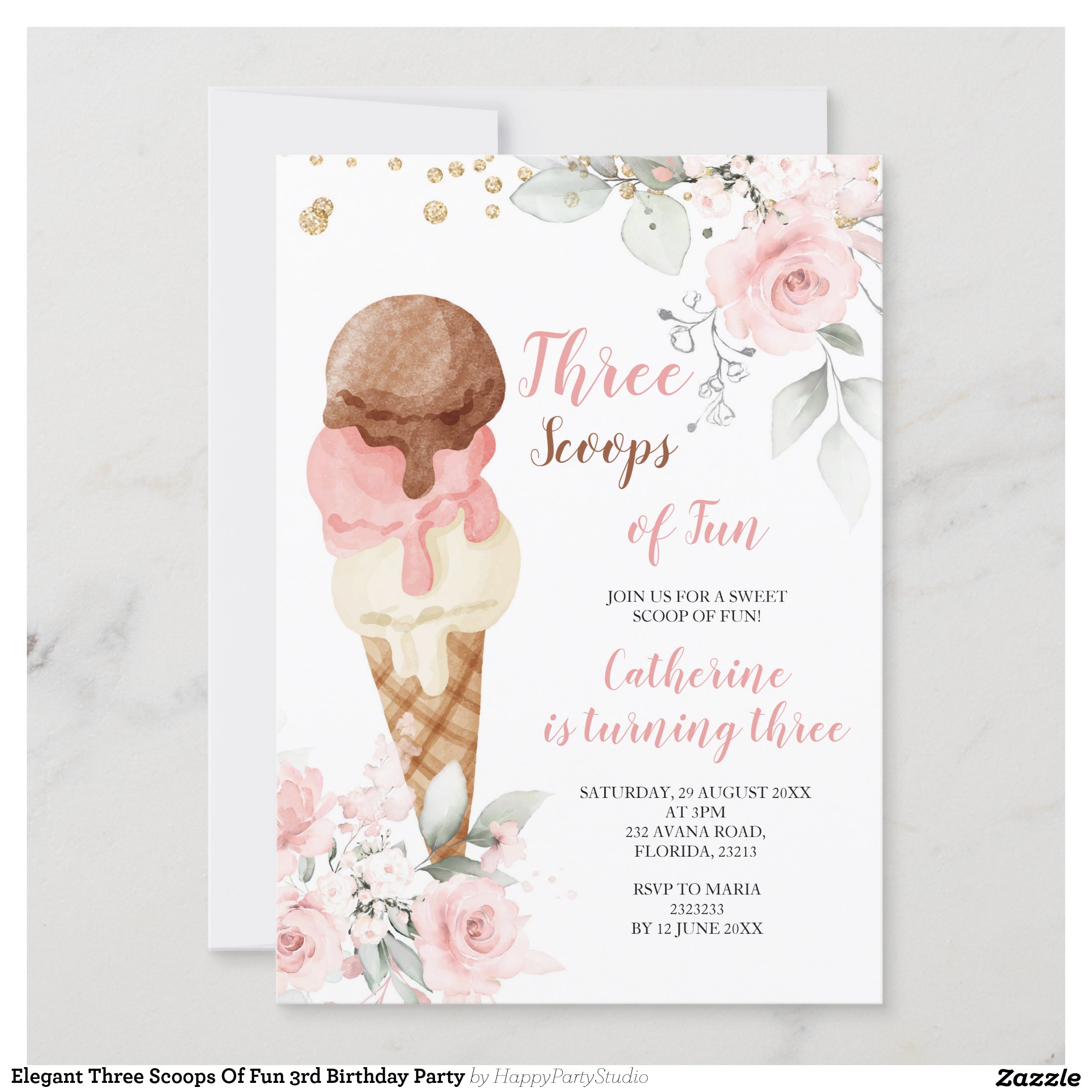 Elegant Three Scoops Of Fun 3rd Birthday Party Invitation