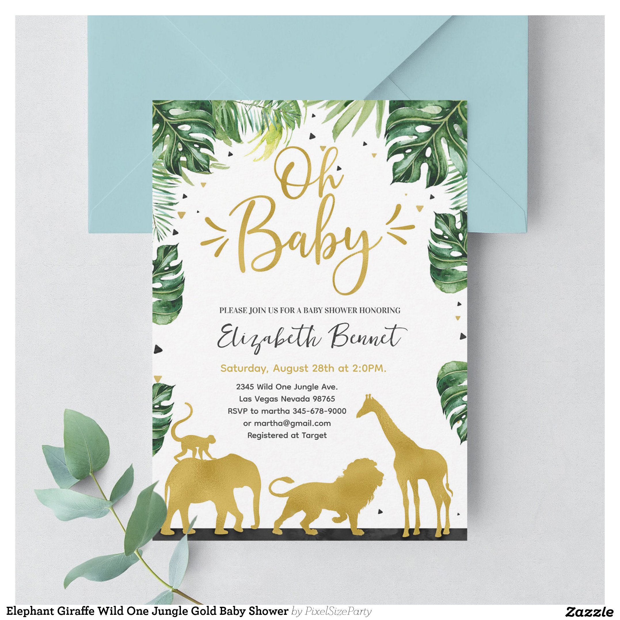 Elephant Giraffe Wild One Jungle Gold Baby Shower Invitation