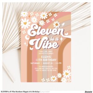 ELEVEN is A Vibe Rainbow Hippie 70's Birthday Invitation