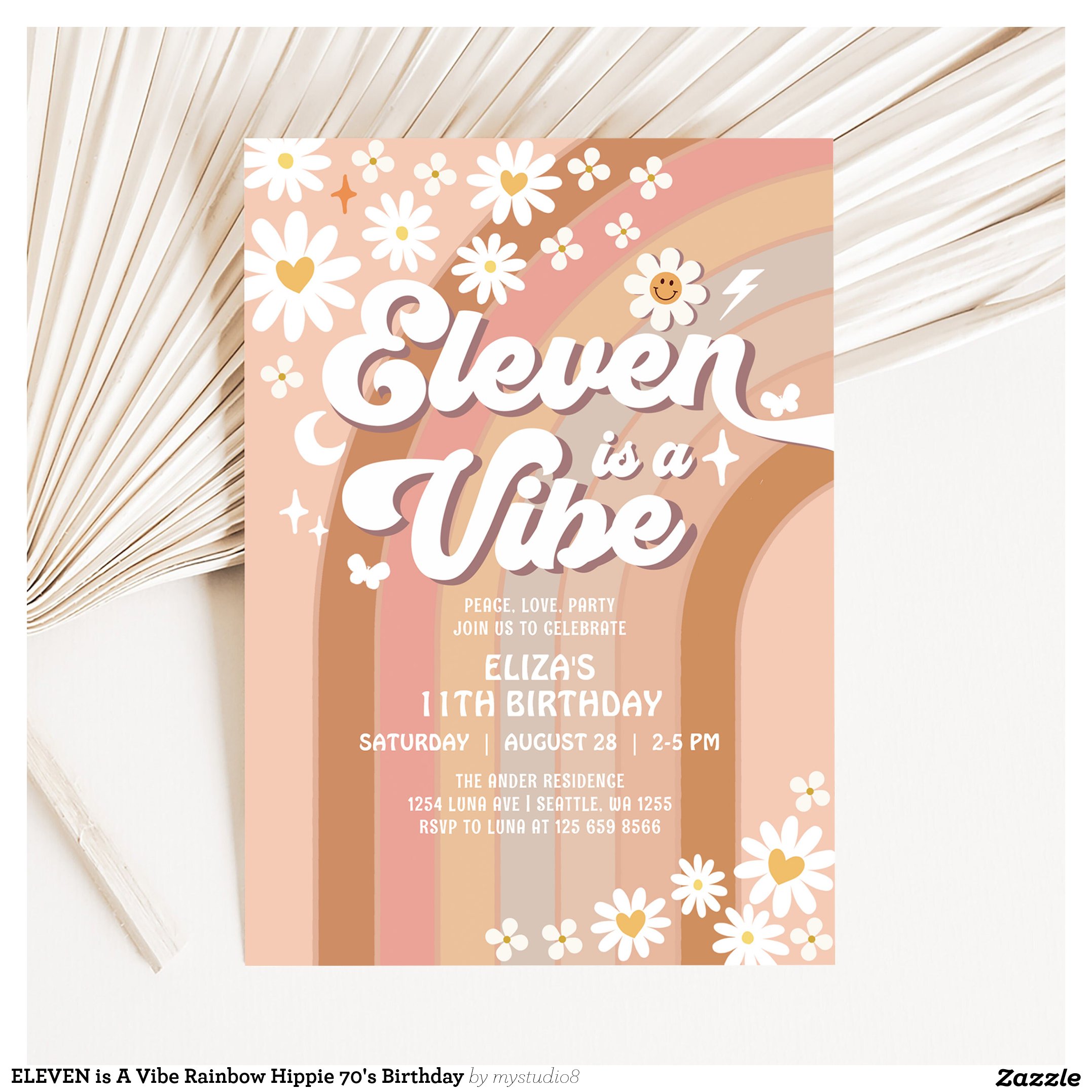 ELEVEN is A Vibe Rainbow Hippie 70's Birthday Invitation