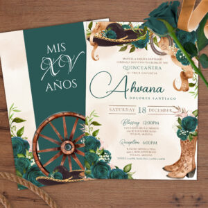 Emerald Green Charra Quinceanera Western Roses Invitation