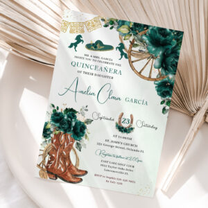 Emerald Green Floral Charro Cowgirl Quinceanera Invitation