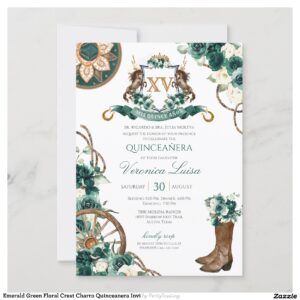 Emerald Green Floral Crest Charro Quinceanera Invi Invitation