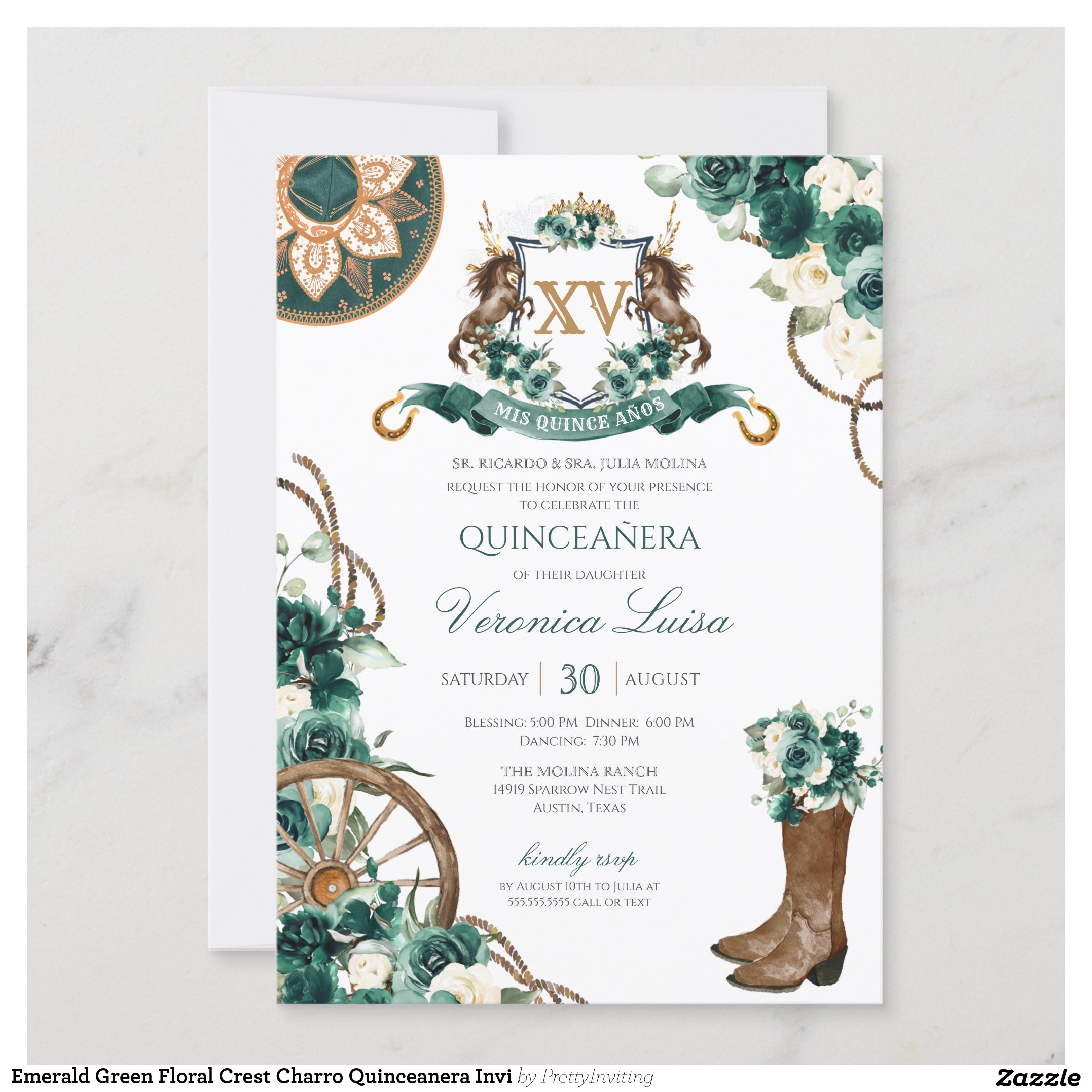 Emerald Green Floral Crest Charro Quinceanera Invi Invitation