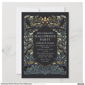 Enchanted Gothic Raven Floral Halloween Invitation