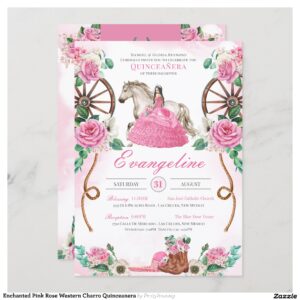 Enchanted Pink Rose Western Charro Quinceanera Invitation